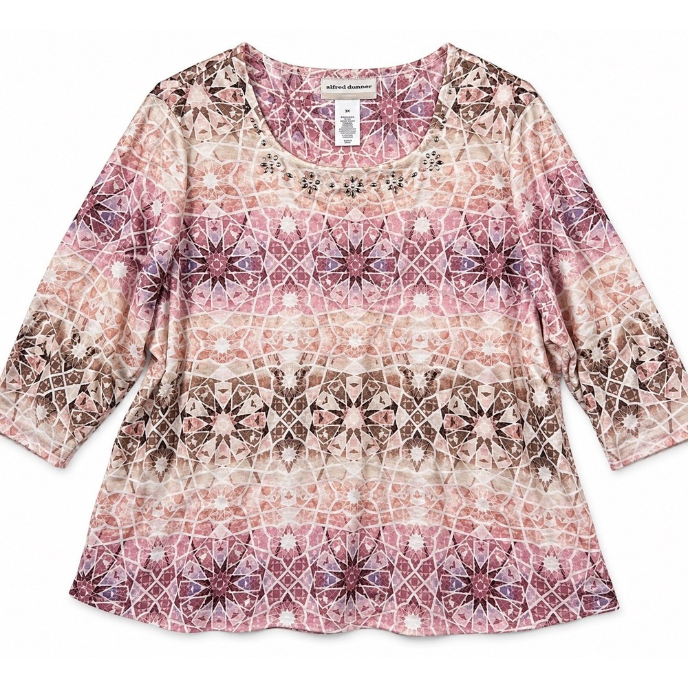 Alfred Dunner Women’s Plus 3XL Multicolor 3/4 Sleeve Square Neck Abstract Top